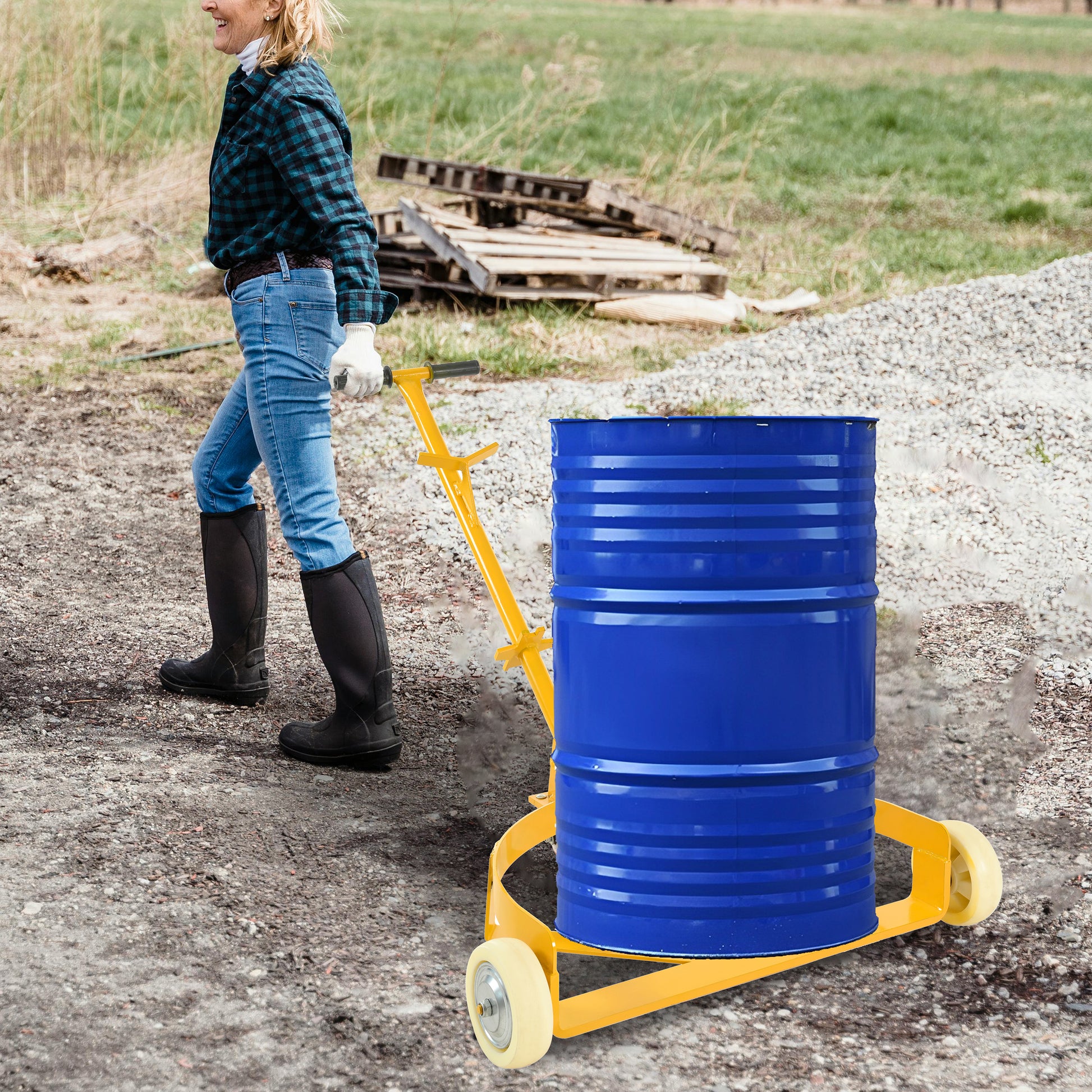 55 Gallon Drum Dolly, 1200lbs capacity, with 2 fixed PU Wheels and 1 swivel wheel - Low Profile Steel Oil Drum Caddy Oil Barrel Drum Roller Hand Cart image 12