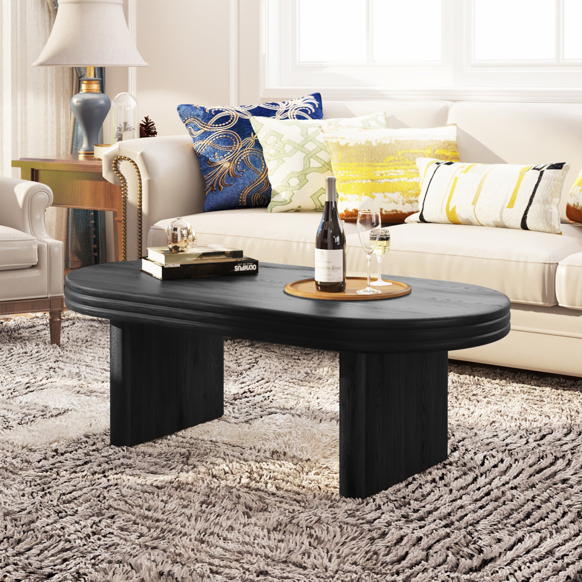 Mid Century Modern Oval Fluted Coffee Table, Farmhouse Wood Coffee Table, Cocktail Table, Center Table for Living Room, Office, Home Decor(Black, 23.62" D x 47.24" W x 16.34" H) image 12