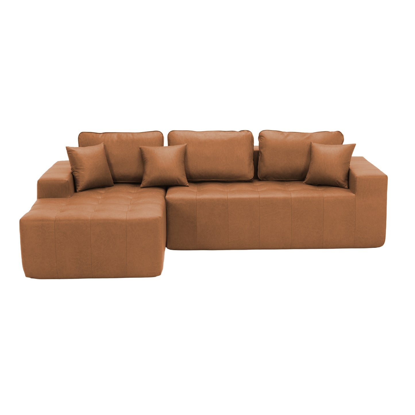 Faux Leather Corner Chaise Compression Sofa Bed, L-Shaped Sectional Couch with High-Density Sponge, No-Assembly Required Convertible Sofa for Living Room, Apartment, Guest Room(Light Brown) image 4