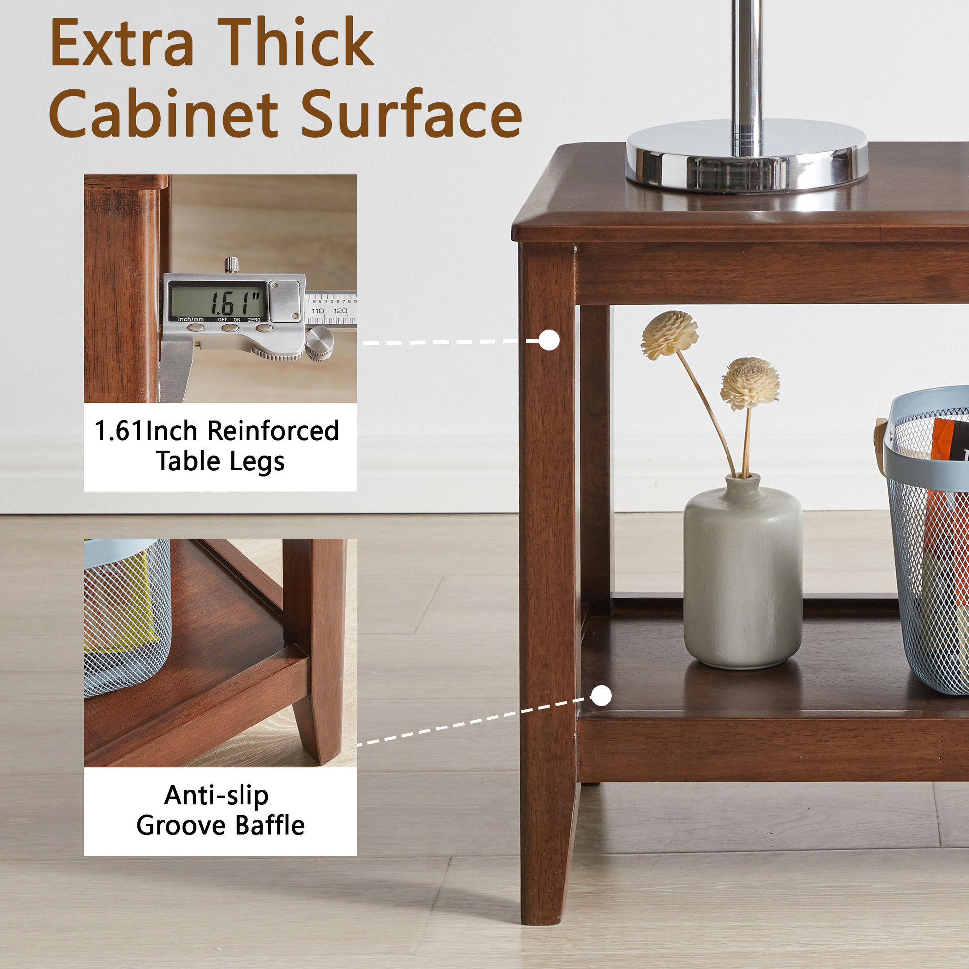 100% Solid Wood Rustic Side Table for Living Room,End Table with Storage Shelf 2-Tier Sofa Table for Living Room, Rubber Wood Indoor Plant Stand image 6