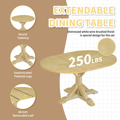 TOPMAX Farmhouse 6-Piece 60inch Extendable Pedestal Dining Table Set with 18inch Removable Leaf, 44inch Bench and 4 Ladder Back Dining Chairs, Natural+Beige(OLD SKU:SP000060AAA) image 5