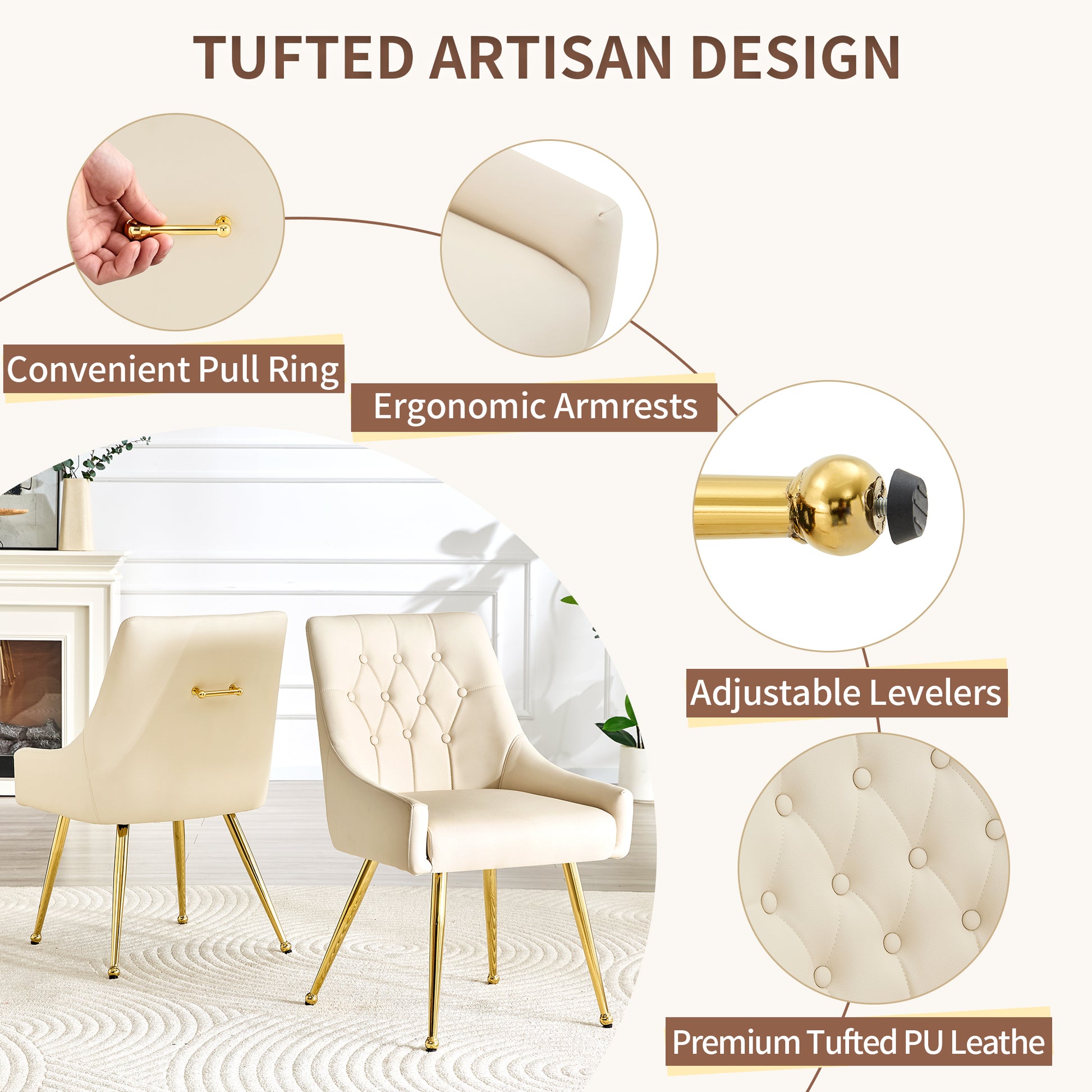 Leather Upholstered Modern Dining Chair with Diamond Tufted Button Back - Dining Room Negotiation Room Cafe Office Accent Chair (Off White, Set of 2) image 4
