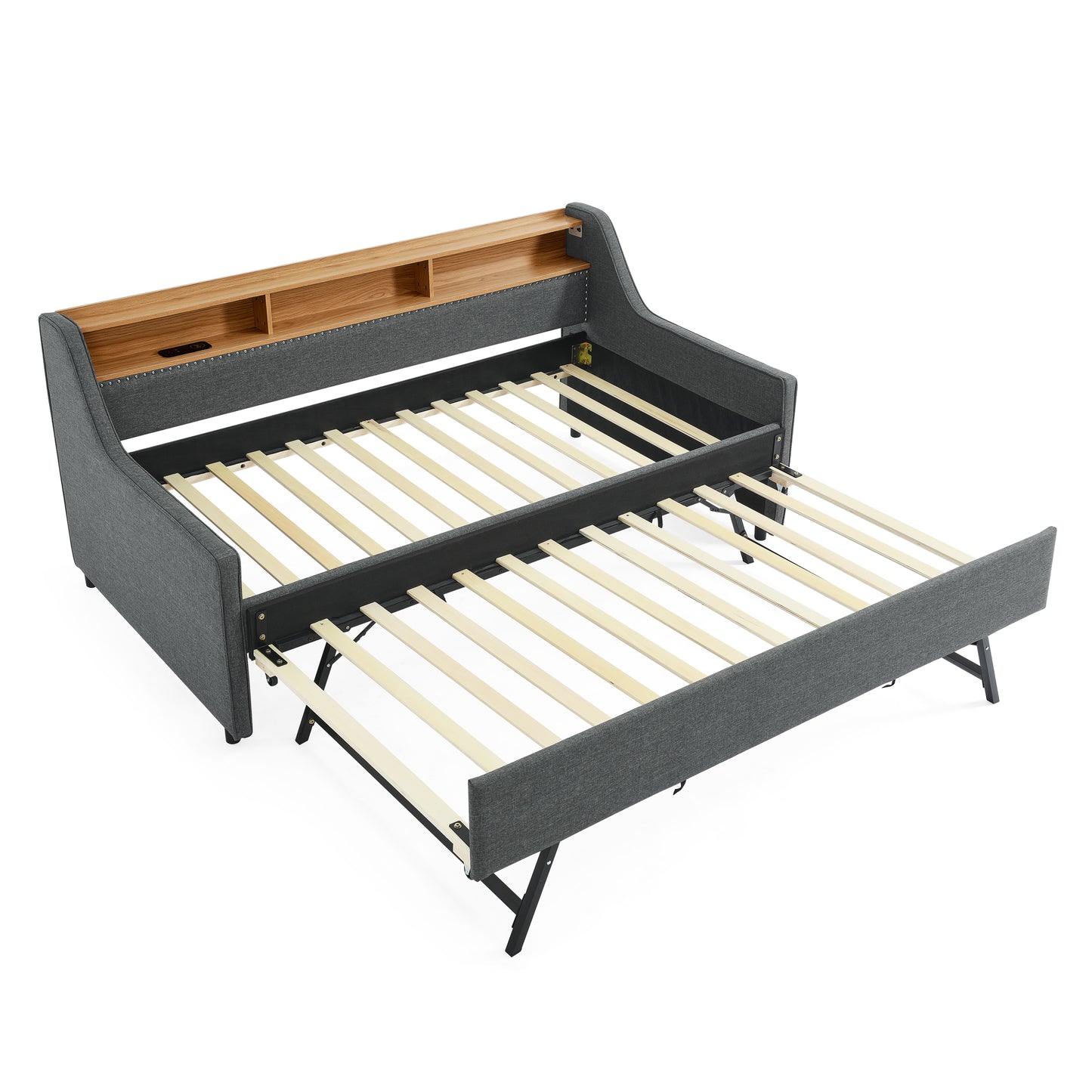 Twin Size Upholstery Sofa Bed with Three LED lights, with Storage Adjustable Headboard, with Foldable Leg Pull up Trundle Bed and Wireless Charging, Linen Padded Sofa Bed frame, Grey image 11