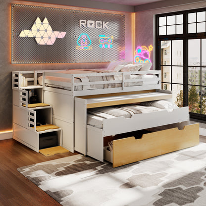 Full XL Loft Bed with Pull-Out Desk and Twin Trundle, Multi-Functional Bunk Bed with 2 Storage Drawers and Storage Steps, Space-Saving Gaming & Workstation Bedframe, White+Wood Color image 1