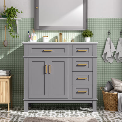 36" Gray Modern Bathroom Vanity with Ceramic Sink, Soft-Close Door, and 4 Storage Drawers,offering a refined look with practical everyday functionality.(Old SKU:N729P253935E) image 2