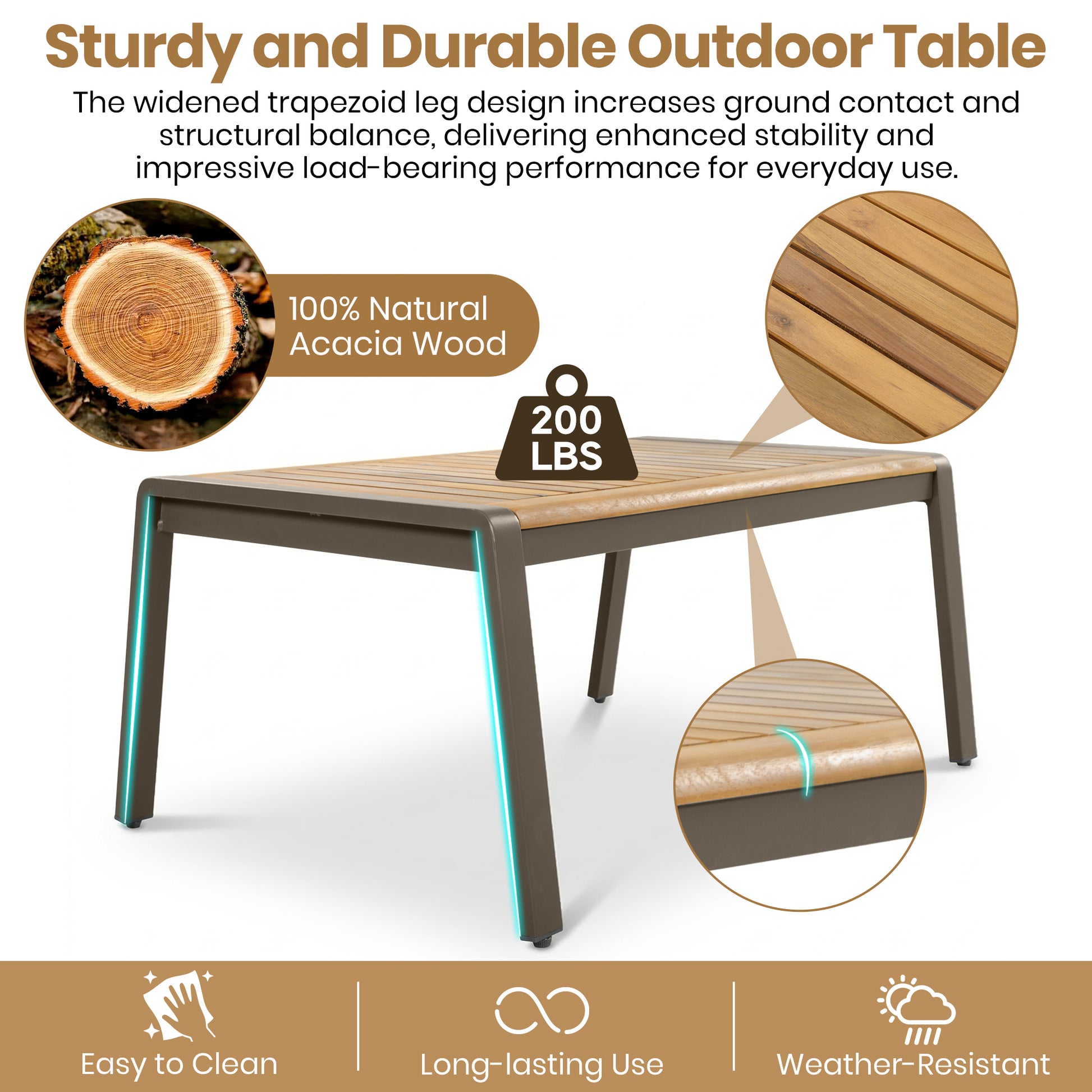 6-Piece Outdoor Patio Furniture Set, Steel Frame Sofa Set with 3-Seat Couch, 2 Armchairs, 2 Ottomans & Acacia Wood Coffee Table, Cushioned Seating for Backyard, Garden, Poolside, Beige Cushion image 9