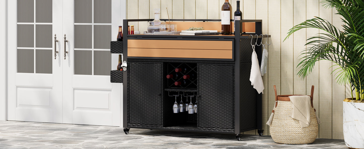K&K 52.8"W Wicker Outdoor Grill Cart with Extended Plastic Wood Table Top, Rolling Kitchen Island on Wheels with Storage Cabinet, for Patio Backyard Garden Poolside, Double Handle Design, Black Brown image 7