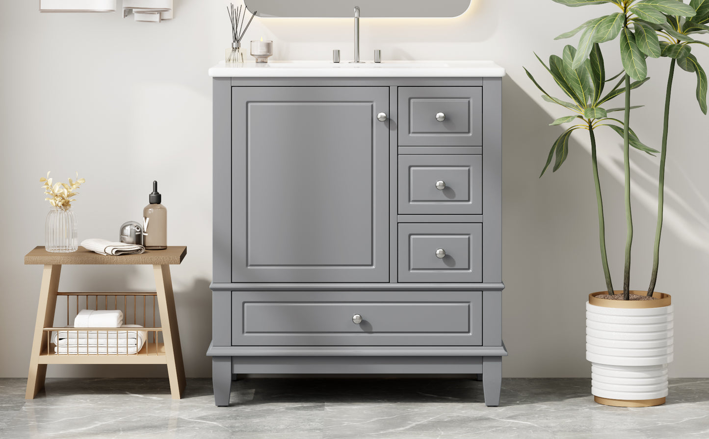 30" Bathroom Vanity with Sink, One Door with Shelf and Three Drawers, Soft Close Door, Grey image 3
