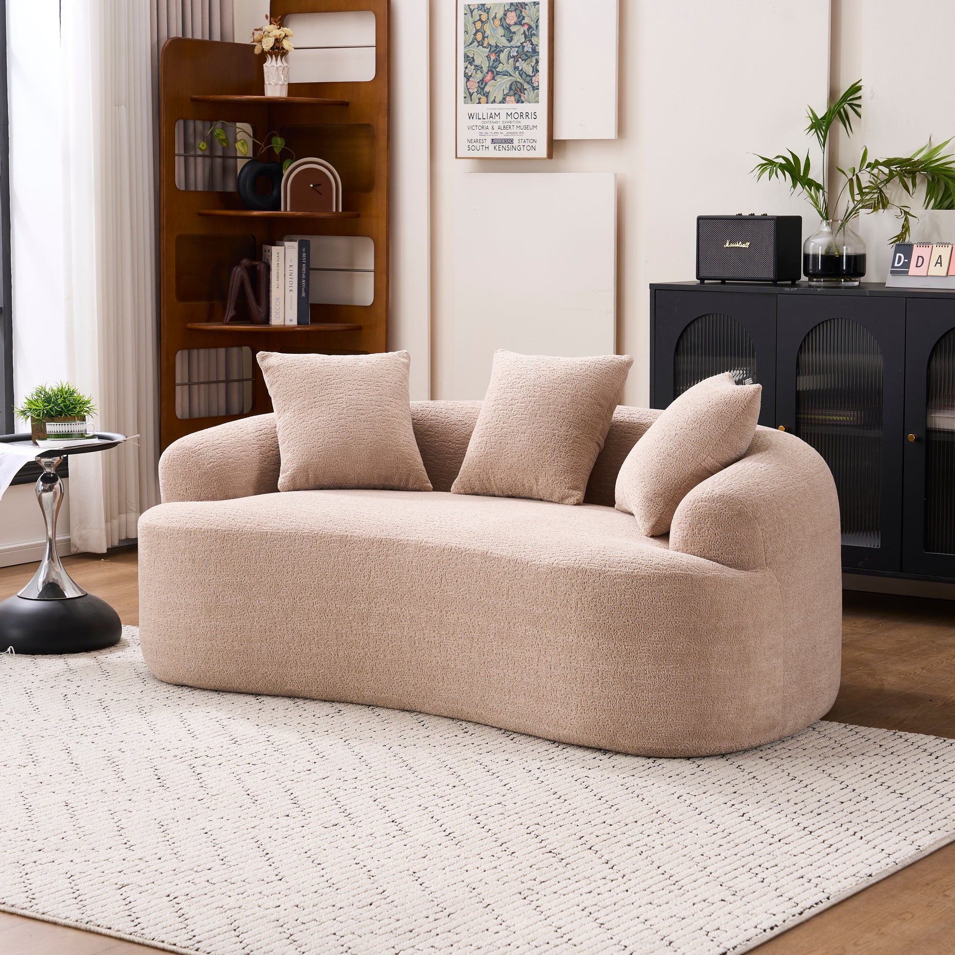 Old Sku: W2231P292607 Compression Loveseat Sofa, Curved Modern Styles Sofa for Small Spaces & Apartments, 30D Chenille No-Assembly,3 Throw Pillows. Warm Beige. image 6