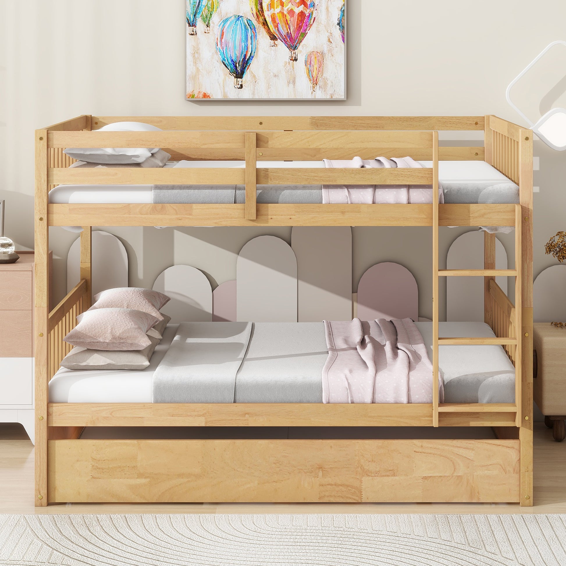Full Over Full Rubber Wood Bunk Bed with Trundle, Ladder and Guardrails, Convertible to 2 Full Size Beds, with Twin Size Trundle,Natural (Old Sku W504S00180) image 1