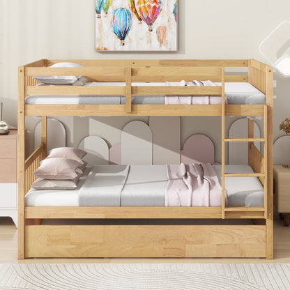 Full Over Full Rubber Wood Bunk Bed with Trundle, Ladder and Guardrails, Convertible to 2 Full Size Beds, with Twin Size Trundle,Natural (Old Sku W504S00180) image 1