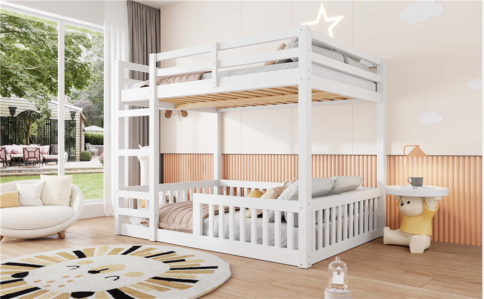 Full over Full Wood Bunk Bed with Ladder and Guardrails, White image 5
