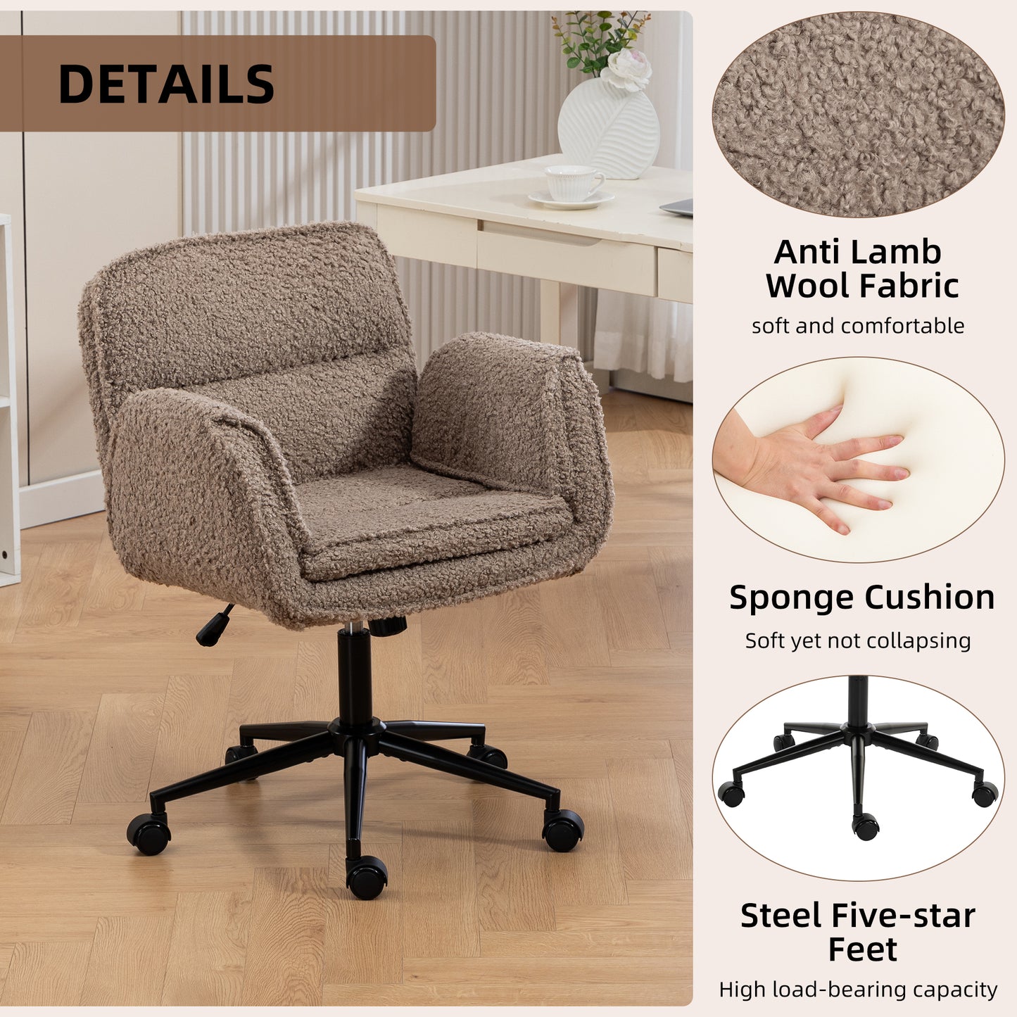 Criss Cross Chair with 5-Gear Adjustable Armrests & Wheels, Ergonomic Thickened Backrest Swivel Desk Chair for Home Office, Vanity, Bedroom and Living Room,brown Teddy fleece image 4