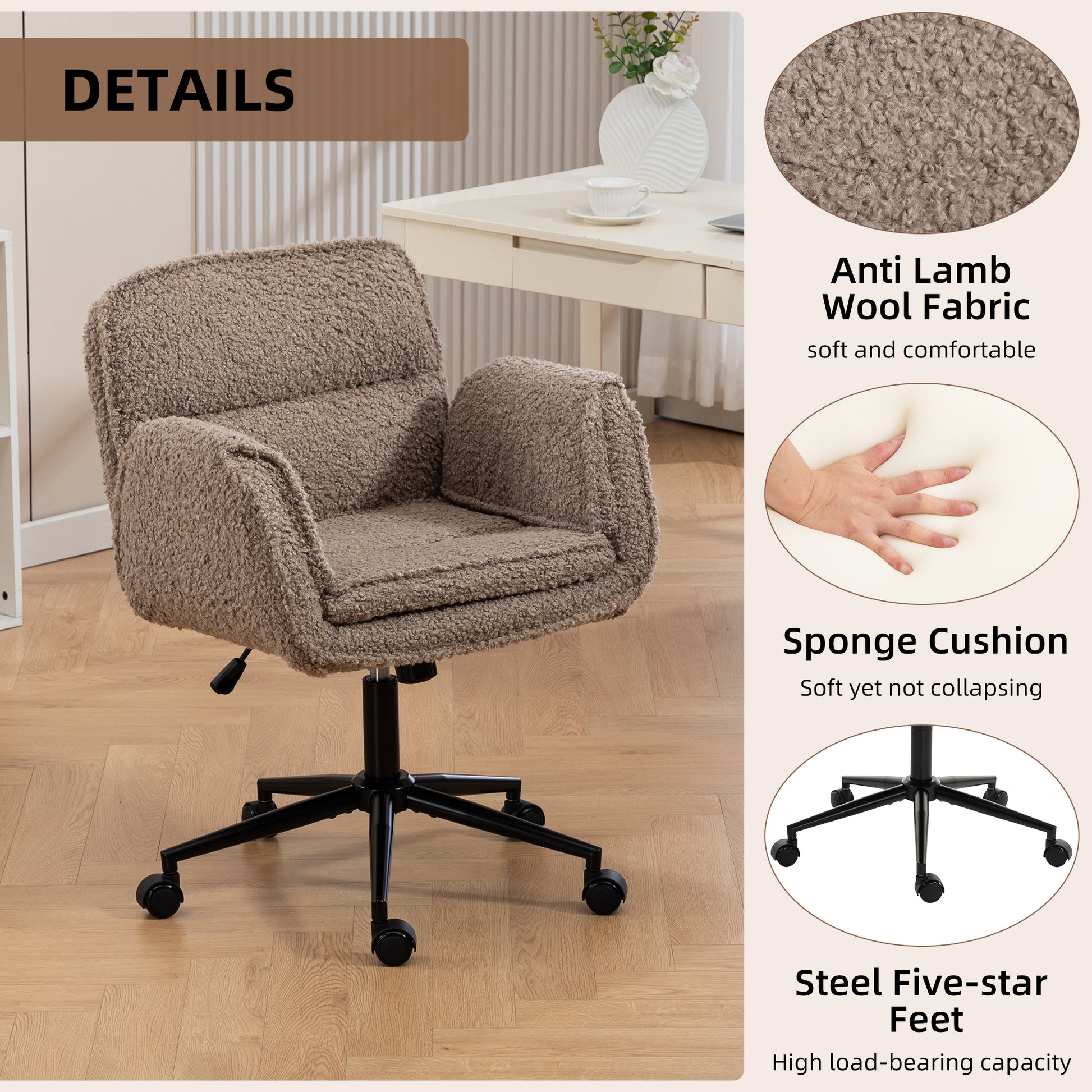 Criss Cross Chair with 5-Gear Adjustable Armrests & Wheels, Ergonomic Thickened Backrest Swivel Desk Chair for Home Office, Vanity, Bedroom and Living Room,brown Teddy fleece image 4