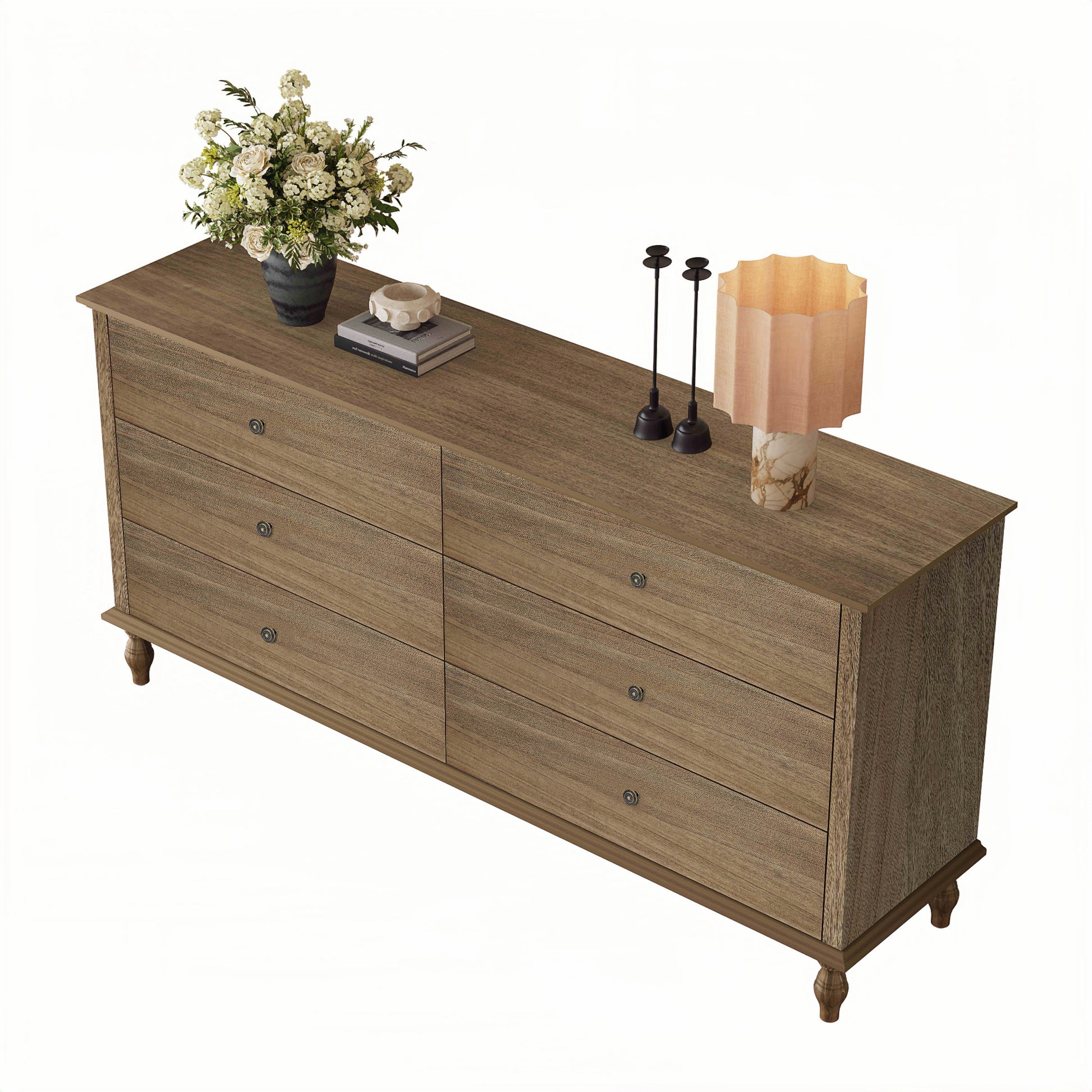 6-Drawer Double Wide Wood Dresser for Bedroom, Light Brown Burnt Wood Finish Storage Chest with Self-Closing Slides, Metal Copper Handles, Solid Wood Roman Column Legs, Anti-Tip Kit Included image 9