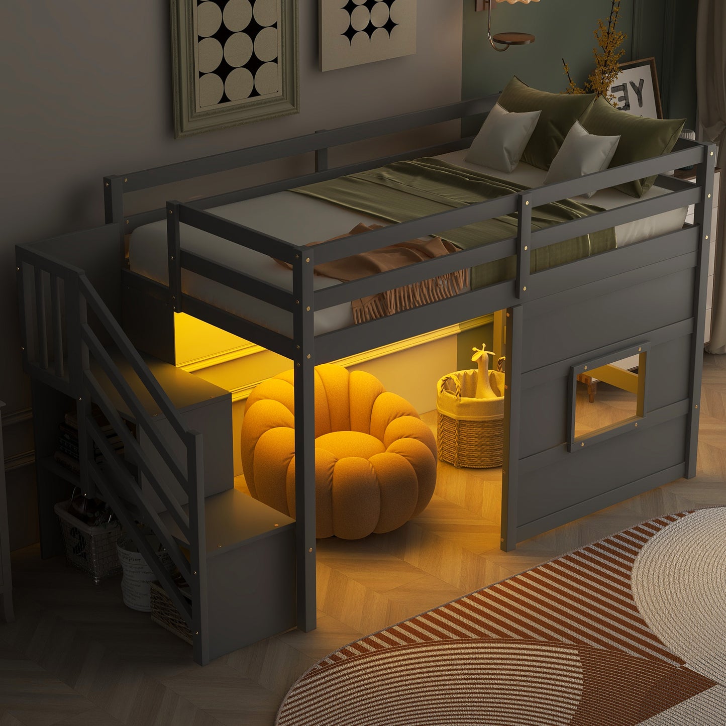 Twin Size Loft Bed with Storage Staircase and Window, With LED Light, Gray image 1