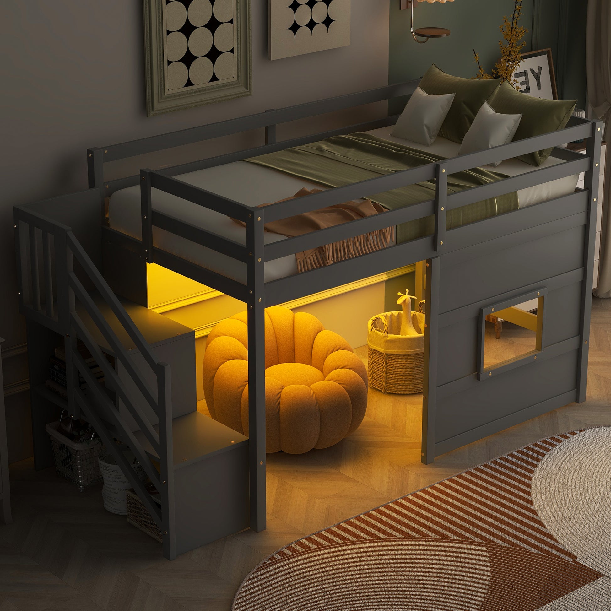 Twin Size Loft Bed with Storage Staircase and Window, With LED Light, Gray image 1