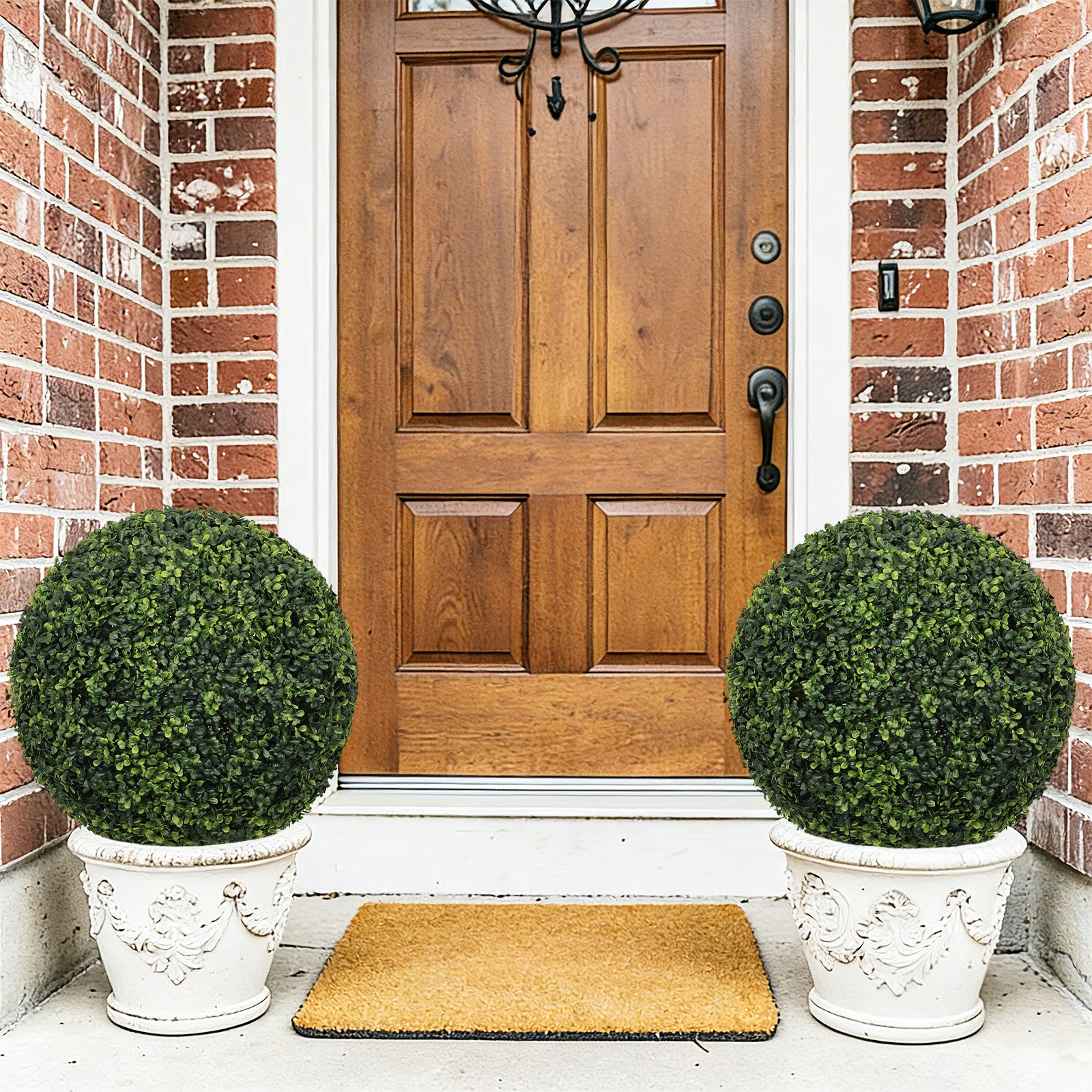 18.5IN dark Artificial Topiary Balls Outdoor Faux Boxwood Decorative Green Spheres for Garden Front Porch Patio Planter Decoration, 2pcs/set image 8