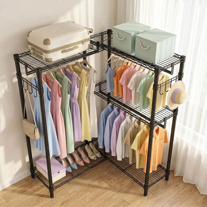 Garment Rack L Shaped Clothes Rack for Corner, Heavy Duty Clothes Rack with 3 Hanging Rods & 2 Side Hooks, Freestanding Clothing Racks for Hanging Clothes, 58.27''Wx 17.13''D*76.38''H, Black image 7