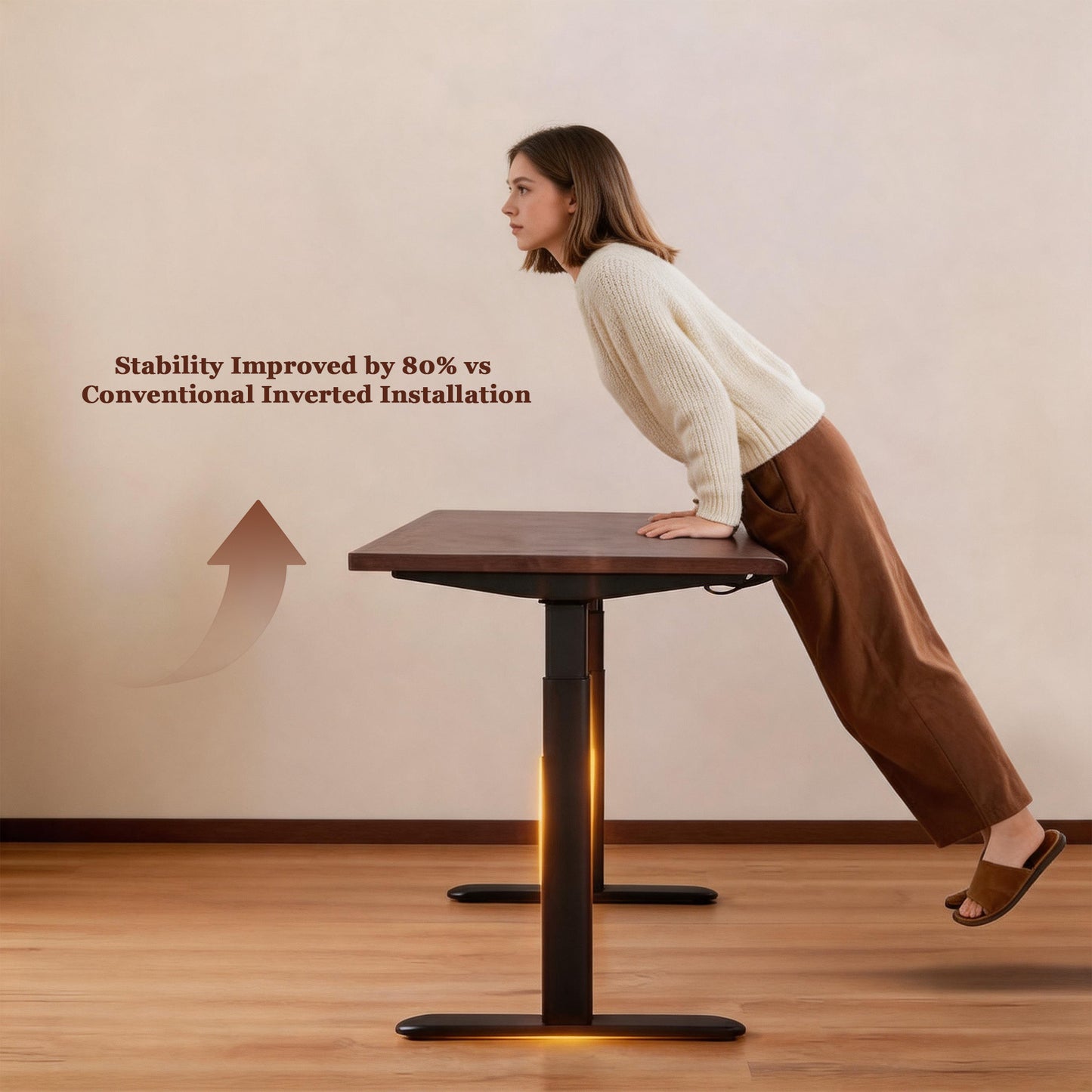 Solid Rubberwood Electric Standing Desk, Adjustable Height Sit Stand Desk with Single Motor, Ergonomic Home Office Desk with 2-Tier Legs image 12