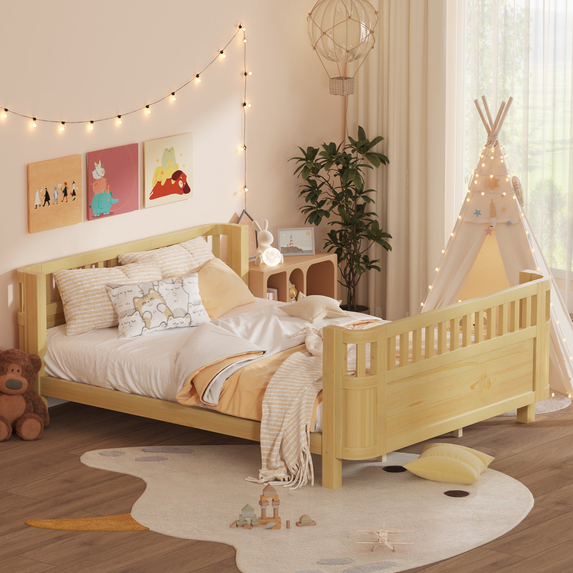 Queen Size Wood Platform Bed, Wood Low Profile Queen Bed with Rails for Girls and Boys,Natural(Expect Arrival Date 2026/3/30) image 4