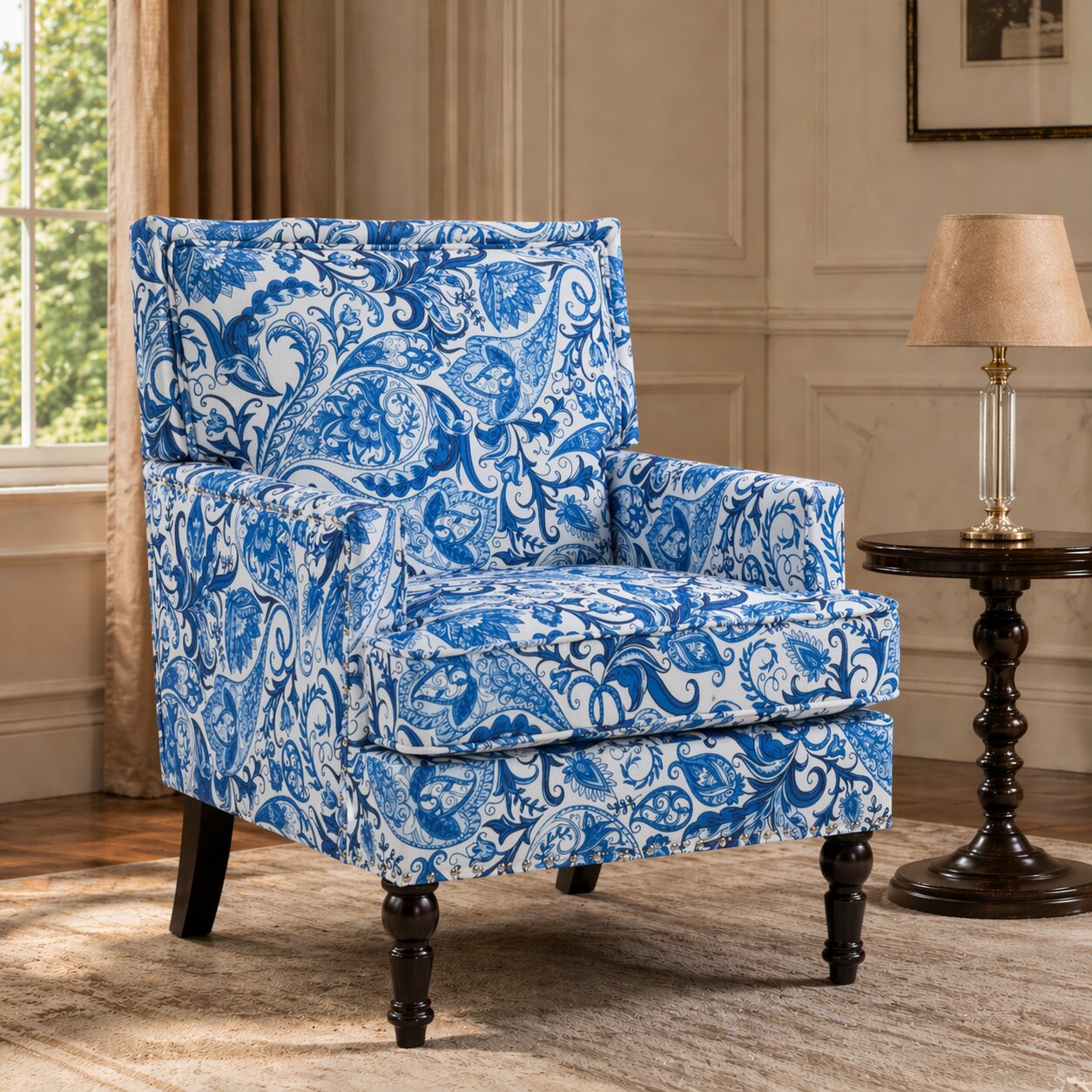 Upholstered Accent Chair, Vintage Armchair with Blue and white porcelain print Linen Fabric and Nailhead Trim for Living Room image 1