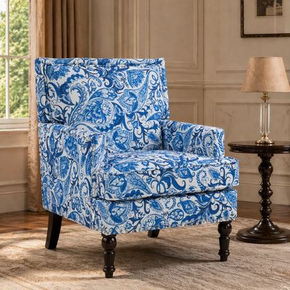 Upholstered Accent Chair, Vintage Armchair with Blue and white porcelain print Linen Fabric and Nailhead Trim for Living Room image 1