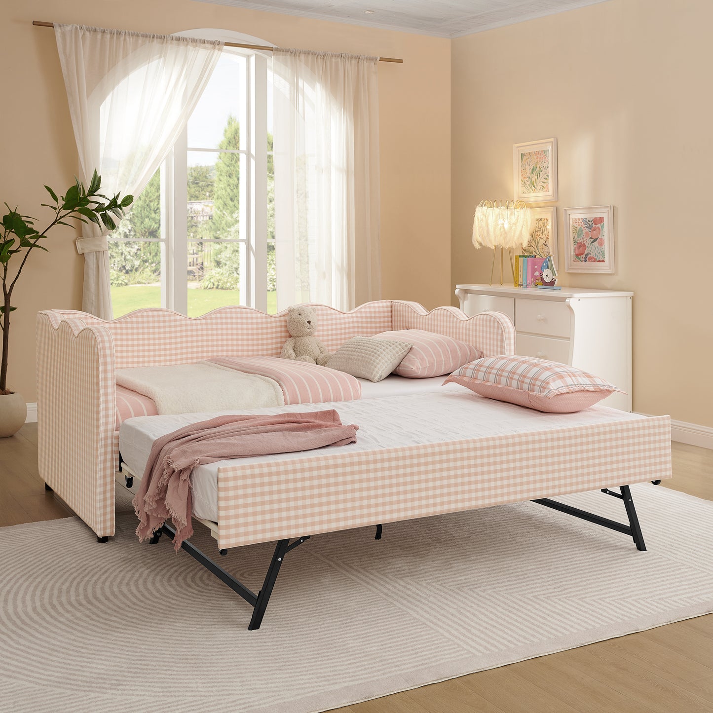 Cozy Gingham Daybed with Trundle Twin Size Sofa Bed No Box Spring Needed, with USB Port and Adorable Wave Shaped, Linen Fabric, Pink image 2