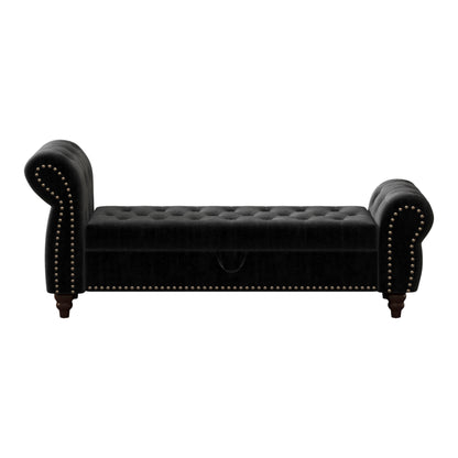 64.5" Bed Bench for Bed Room Nails Tufted Chaise of Lounge with Storage Velvet Upholstery Black image 6