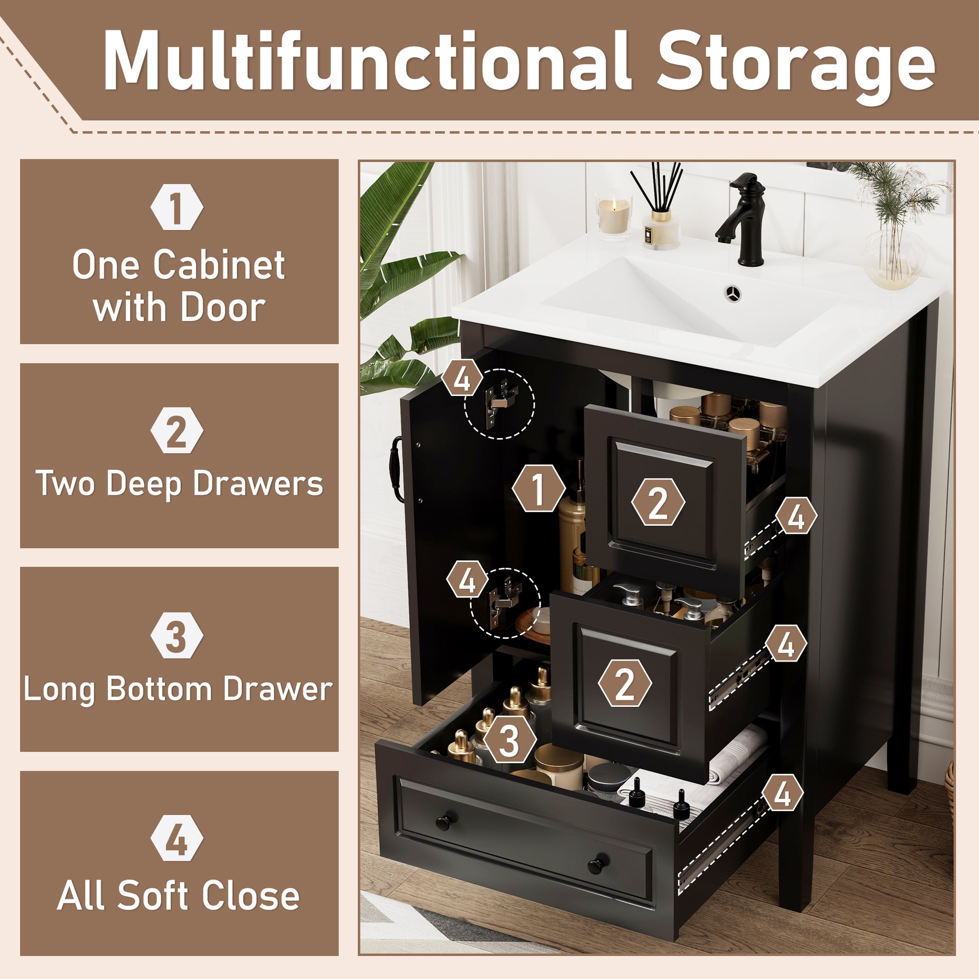 24 inch Bathroom Vanity with Sink, One Cabinet with Soft-closing Door, 3 Soft-closing Drawers, Retro Metal Handles, Black image 4