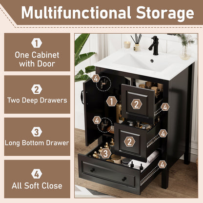24 inch Bathroom Vanity with Sink, One Cabinet with Soft-closing Door, 3 Soft-closing Drawers, Retro Metal Handles, Black image 4