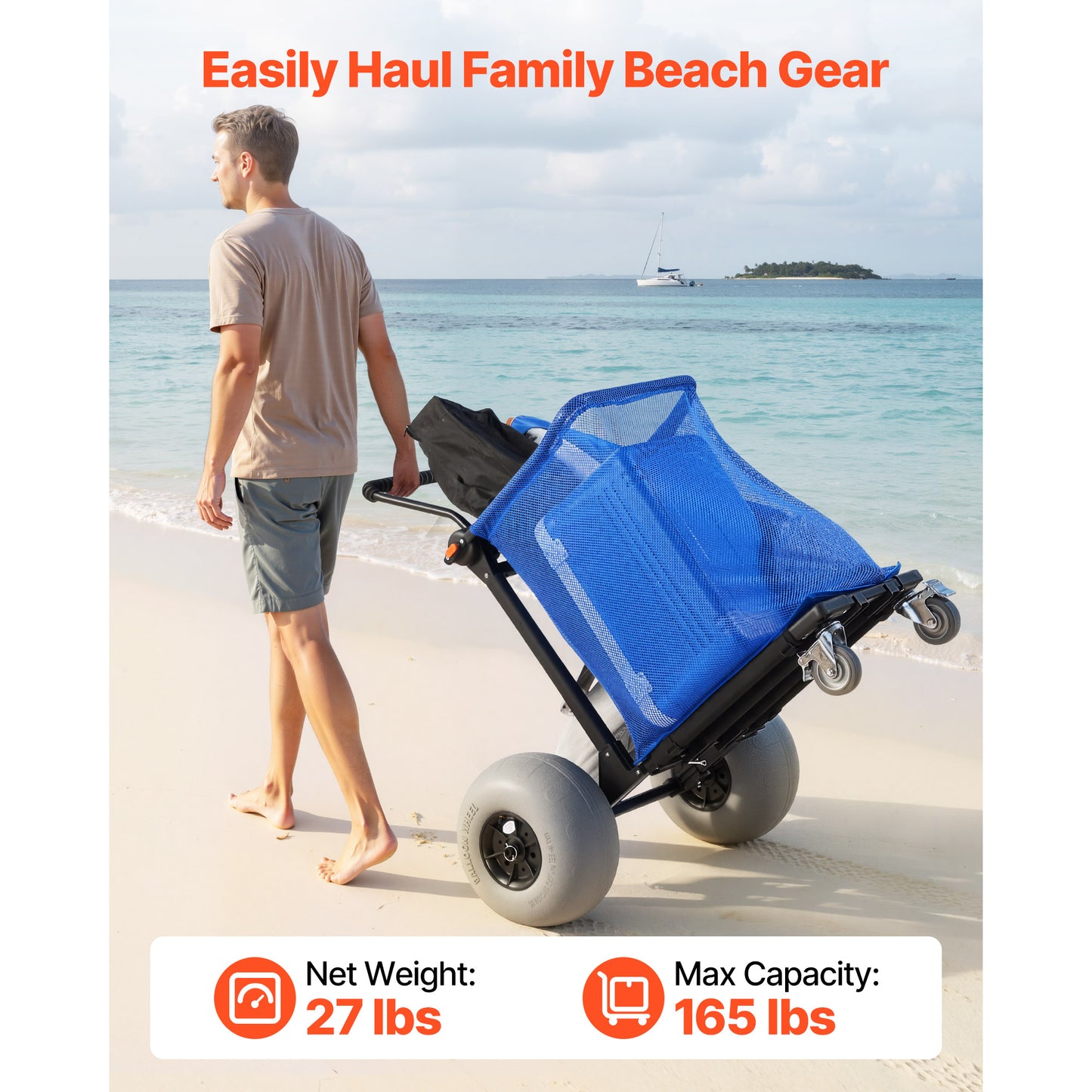 Beach Cart with Large Wheels for Sand, 165 lbs Load Capacity, Heavy Duty Folding Beach Wagon with 12" Balloon Wheels, Storage Bag, 180° Adjustable Handlebar, Dolly for Camping Fishing Garden image 11