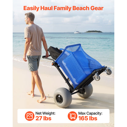 Beach Cart with Large Wheels for Sand, 165 lbs Load Capacity, Heavy Duty Folding Beach Wagon with 12" Balloon Wheels, Storage Bag, 180° Adjustable Handlebar, Dolly for Camping Fishing Garden image 11