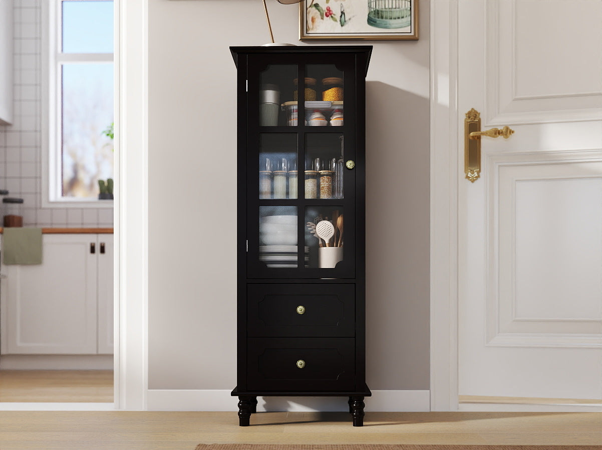 Black Tall Storage Cabinet with Glass Door & 2 Drawers, Narrow Freestanding Sideboard Buffet with Adjustable Shelves, Farmhouse Retro Pantry Cupboard for Dining Room, Living Room, Bathroom, Stud image 6