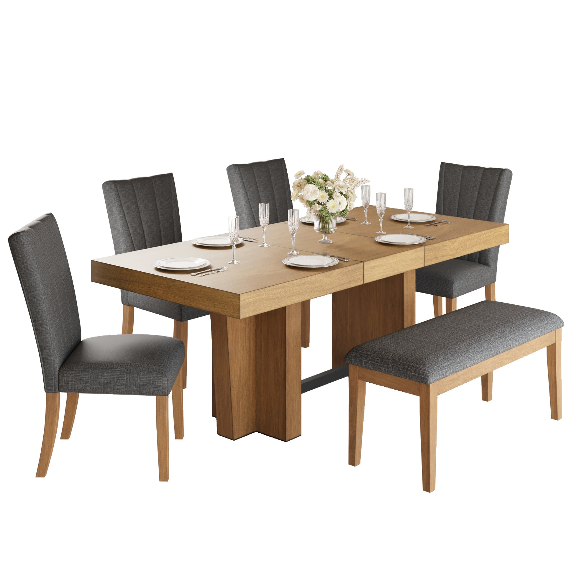 TOPMAX Farmhouse 78.1inch Extendable Wood Dining Table Set for 6, Kitchen Table Set with Bench and 4 Upholstered Chairs,3.8inch Thick Tabletop and Trestle Legs for Kitchen, Dining Room, Brown+Gray image 12