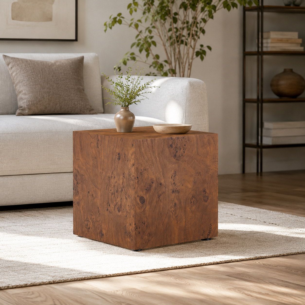 Premium Burl Walnut Veneer MDF Cube Table, Height Adjustable Multi-purpose Coffee Side End Table for Living Room, 15.7"×15.7"×15.7", No Extra Items Included image 1