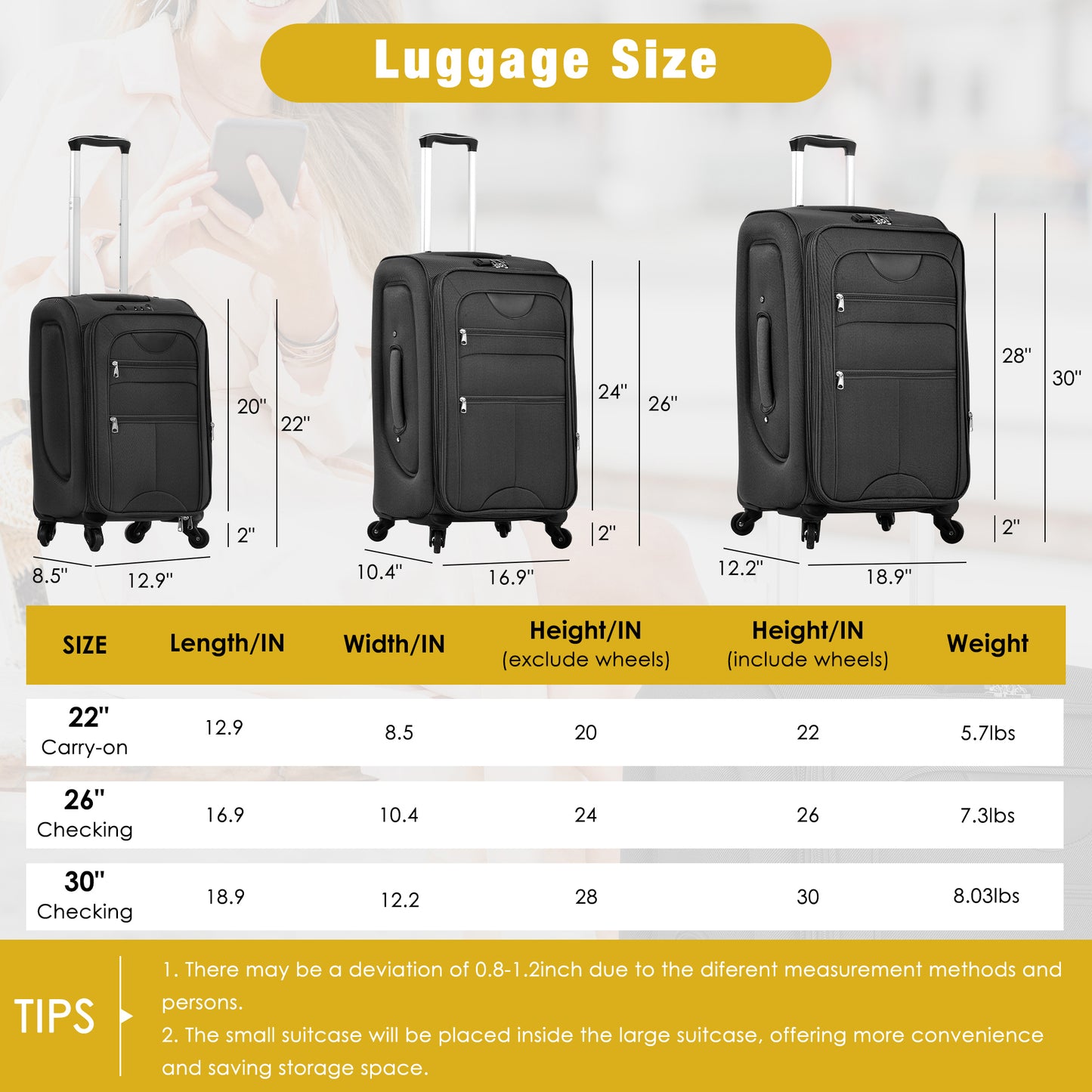 Softside Luggage Expandable 3 Piece Set Suitcase with Duffel Bag Upright Spinner Softshell Lightweight Luggage Travel Set-22/26/30 IN image 3