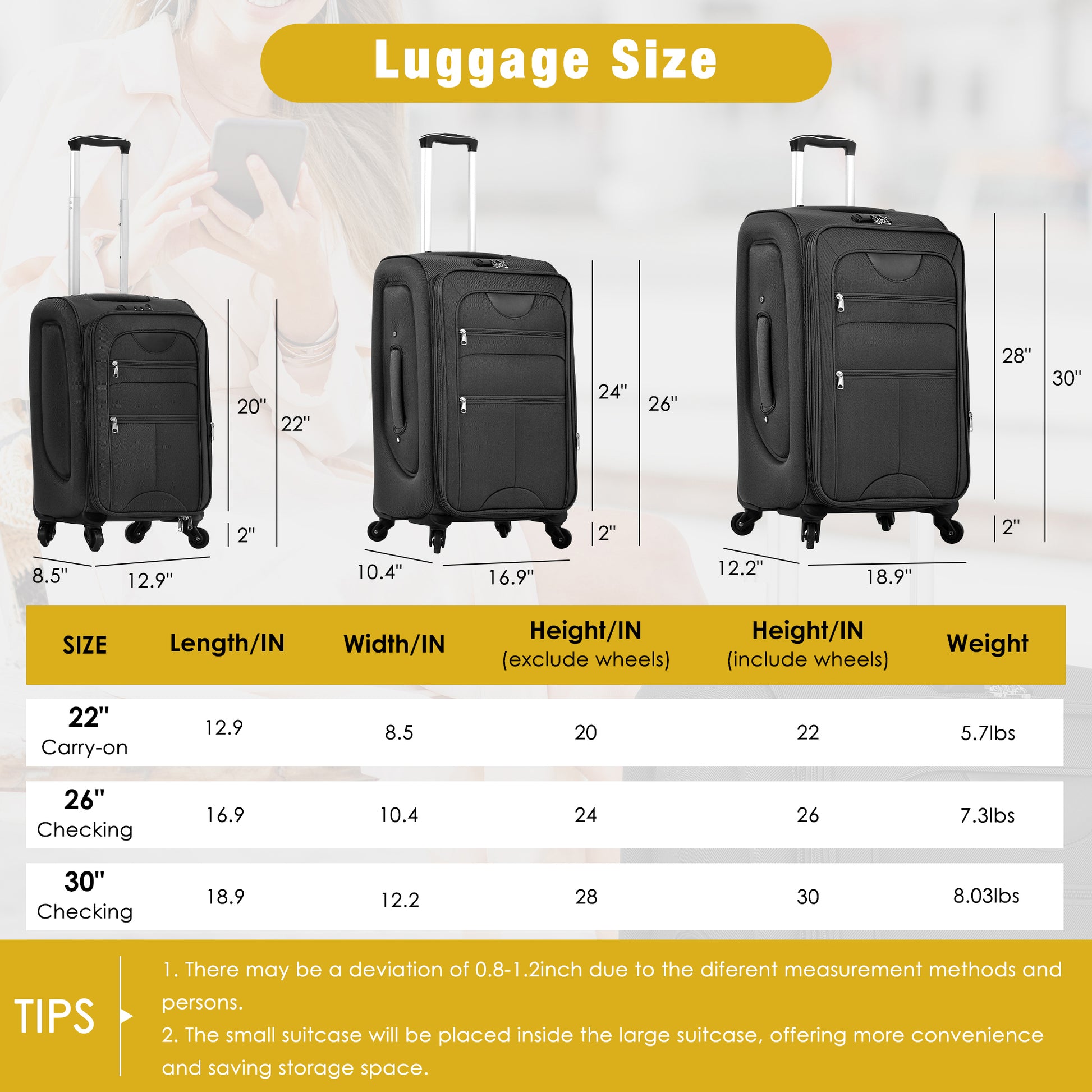 Softside Luggage Expandable 3 Piece Set Suitcase with Duffel Bag Upright Spinner Softshell Lightweight Luggage Travel Set-22/26/30 IN image 3