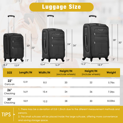 Softside Luggage Expandable 3 Piece Set Suitcase with Duffel Bag Upright Spinner Softshell Lightweight Luggage Travel Set-22/26/30 IN image 3