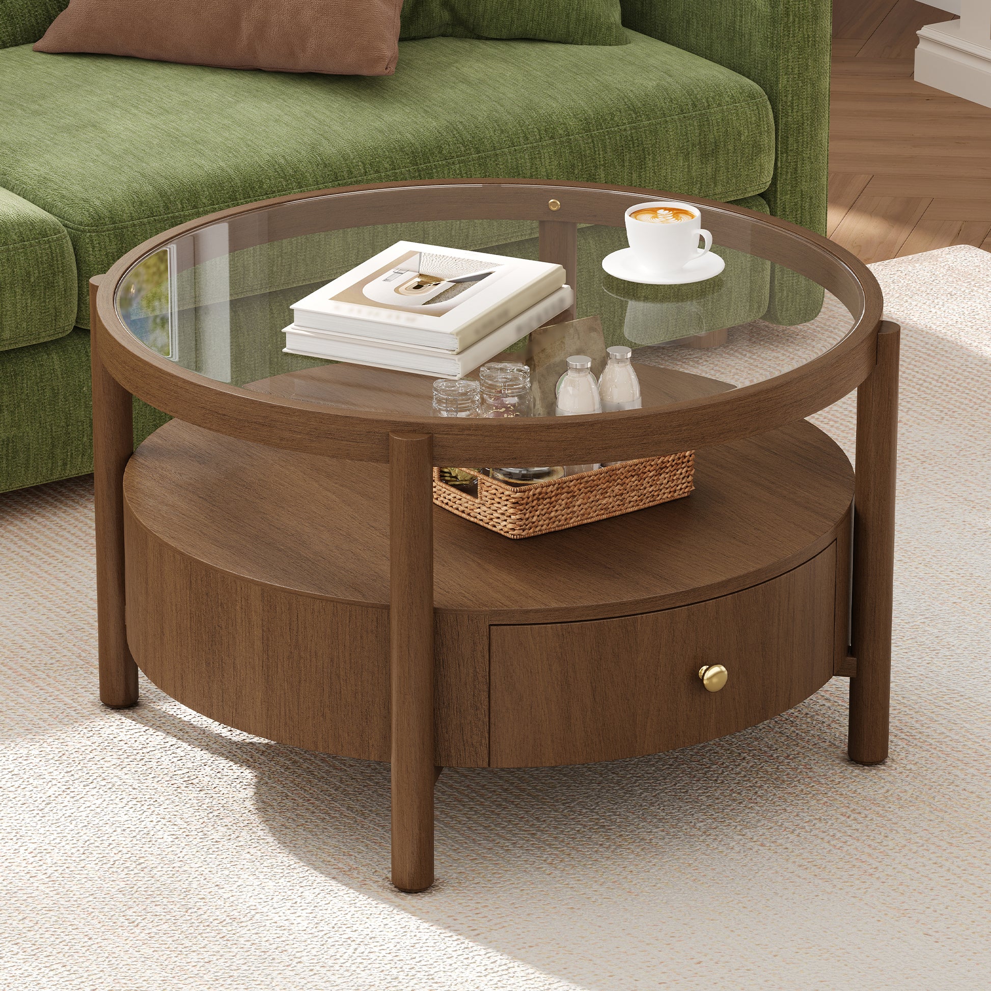 Solid Wood Round Glass Top Coffee Table with Storage Drawer, 2-Tier Mid Century Modern Circular Center Table, Walnut Wooden Cocktail Table for Living Room image 4