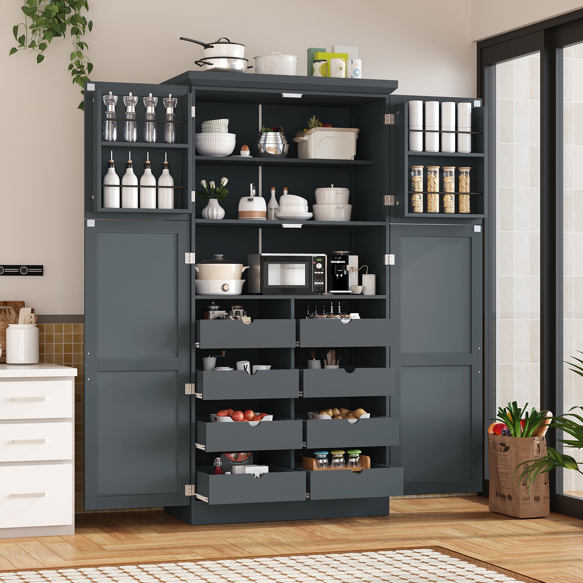 [Assembly Video Provided] TOPMAX 35.5x17.6x70.9inch Freestanding Kitchen Pantry Cabinet, Tall Storage Cabinet with 4 Doors, 2 Door Shelves, 8 Pull-out Trays and Adjustable Shelf for Dining Room, Gray image 1