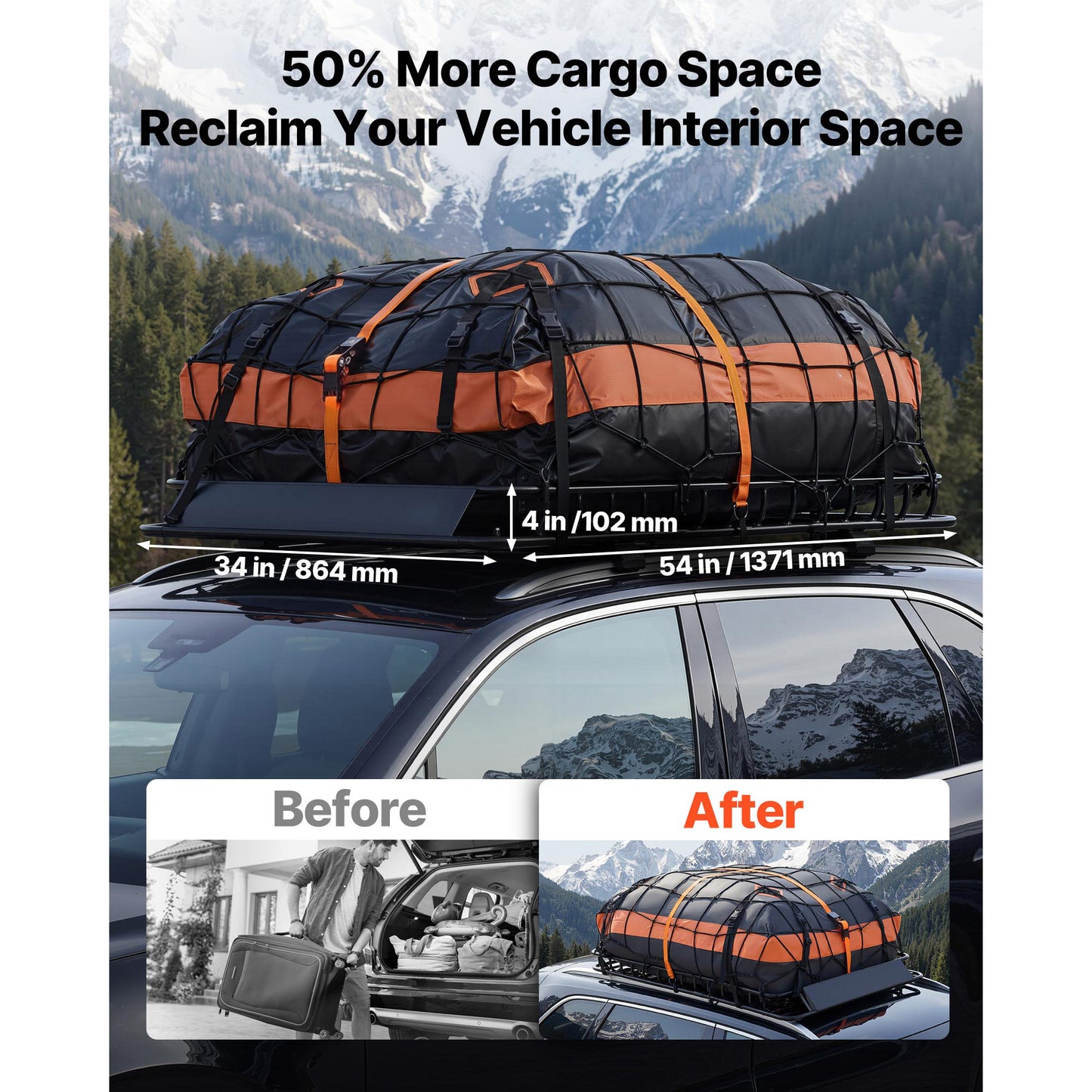 Roof Rack Cargo Basket, 54 x 34 x 4 in, Heavy Duty Roof Top Carrier Basket with Waterproof Bag, Cargo Net, Ratchet Straps, 200 lbs Capacity, Universal Car Top Luggage Holder, for SUV Truck Car image 11