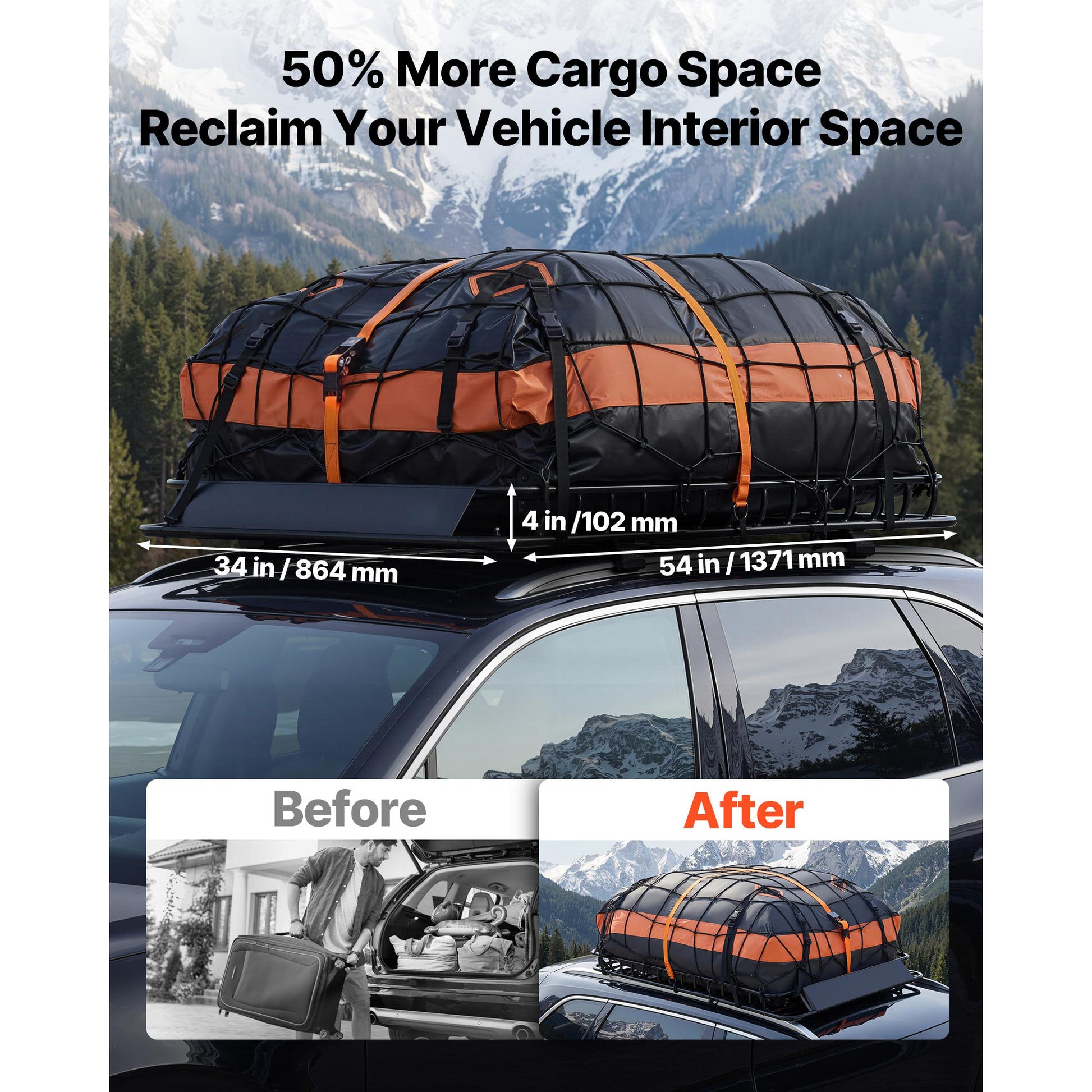 Roof Rack Cargo Basket, 54 x 34 x 4 in, Heavy Duty Roof Top Carrier Basket with Waterproof Bag, Cargo Net, Ratchet Straps, 200 lbs Capacity, Universal Car Top Luggage Holder, for SUV Truck Car image 11