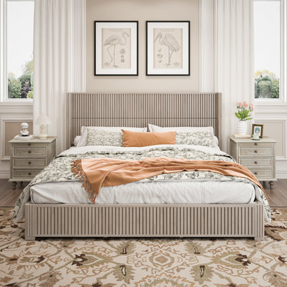 Solid Wood Platform Bed Frame with Headboard, No Box Spring Needed, Floor-standing bed, Easy Assembly, King Size,Beige image 1