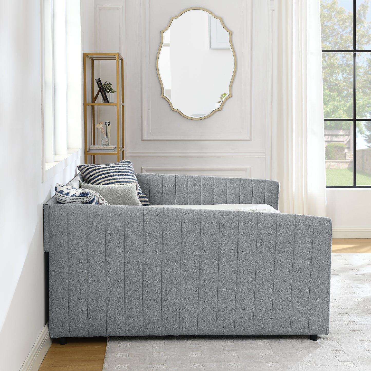Queen Size Daybed with Two Drawers Trundle Upholstered Sofa Bed, with Vertical Stripes Linen Fabric, Grey (86.5"x65"x30") image 7
