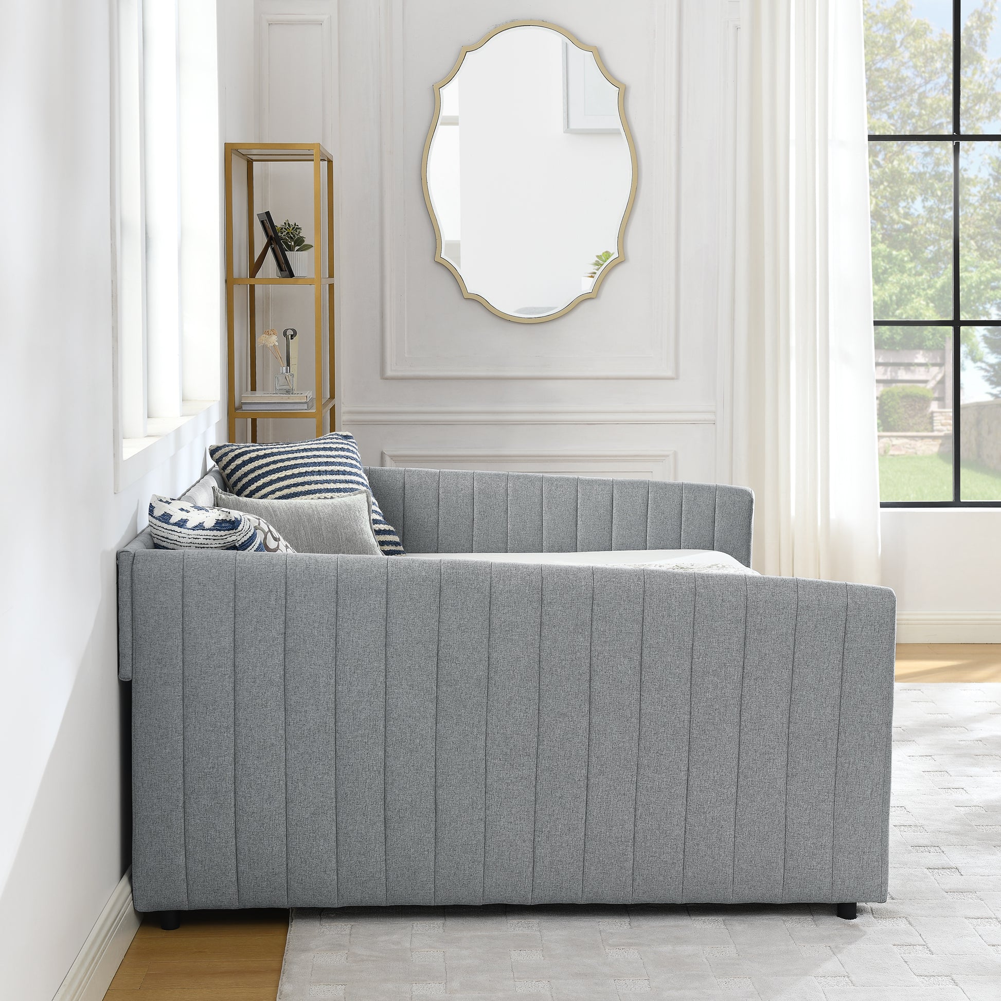 Queen Size Daybed with Two Drawers Trundle Upholstered Sofa Bed, with Vertical Stripes Linen Fabric, Grey (86.5"x65"x30") image 7