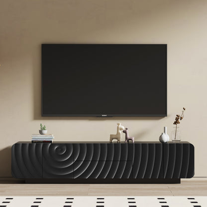 70''Tv Console With Modern Unique Spiral Wave Design With Storage Cabinet And 2 Drawers Tv Stand For Living Room, Bedroom, Black image 1