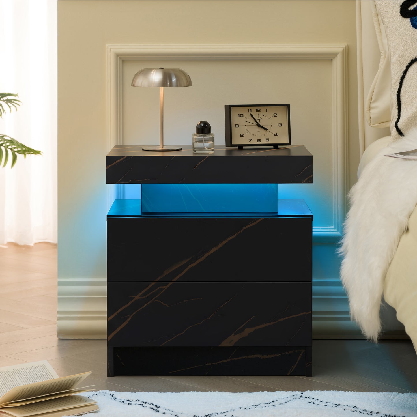 Nightstand LED Bedside Table Cabinet Lights Modern End Side with 2 Drawers for Bedroom (Black Gold) image 1