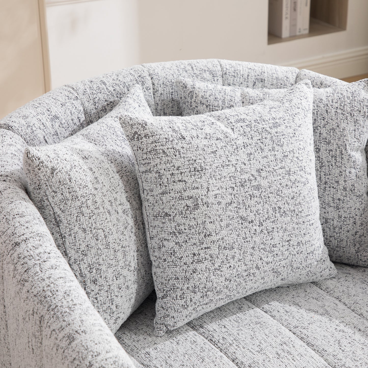 39"W Upholstered Oversized 360° Swivel Accent Barrel Chair and Half Cozy Sofa with 3 Pillows, Chenille Channel Tufted Pumpkin-Shape Club Armchair for Living Room, Bedroom, Office, Lounge,White-Black image 7