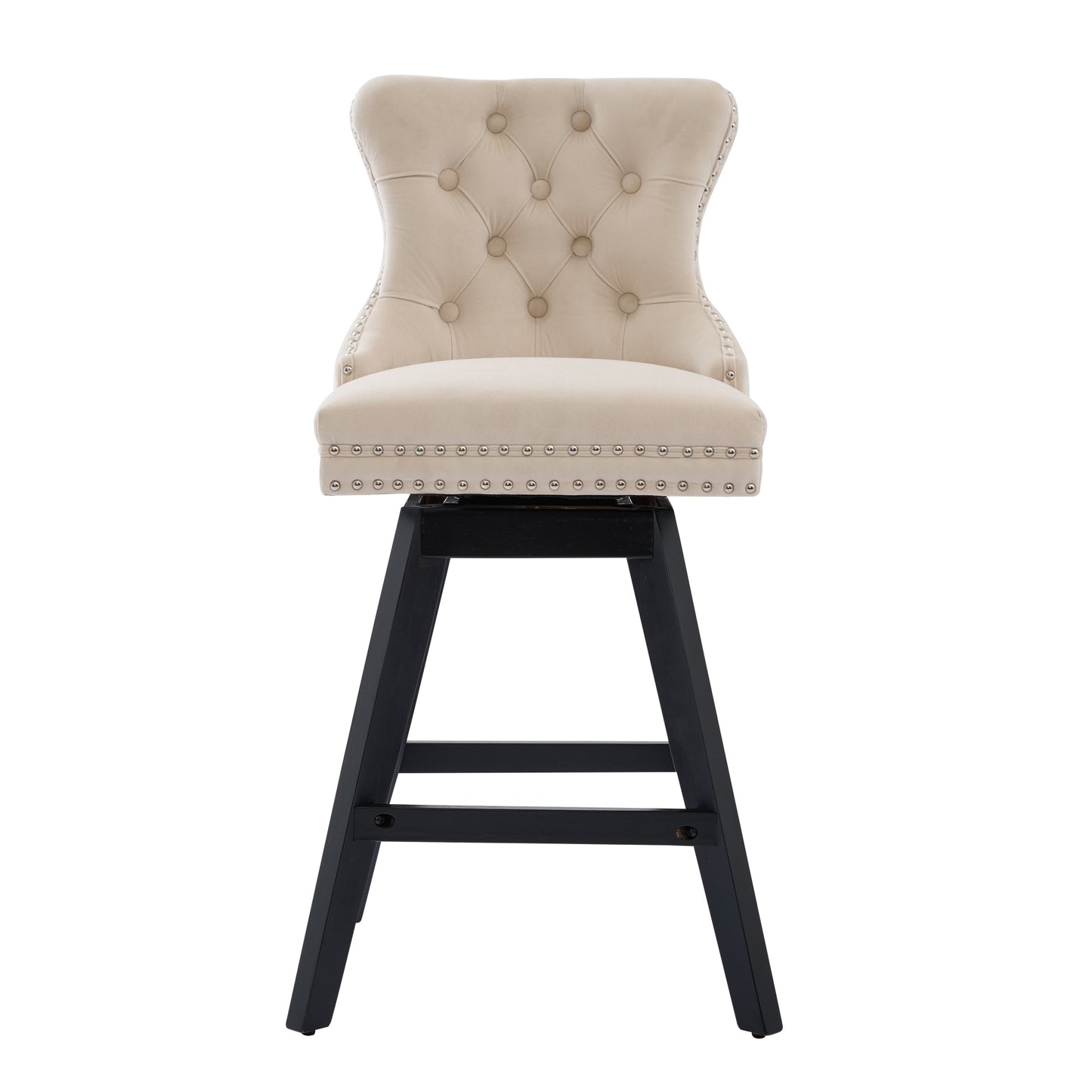 Swivel Velvet Barstools with Button Tufted Decoration and Wooden Legs, and Chrome Nailhead Trim, Leisure Style Bar Chairs,Bar stools, Set of 2 (Beige),SW1860BG image 2